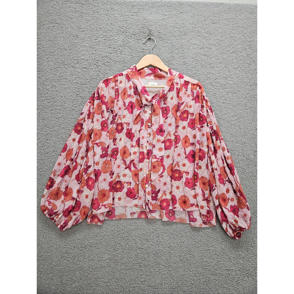 Aritzia Wilfred Poussin Blouse Medium Pink Orange Floral Tie Neck Balloon Sleeve